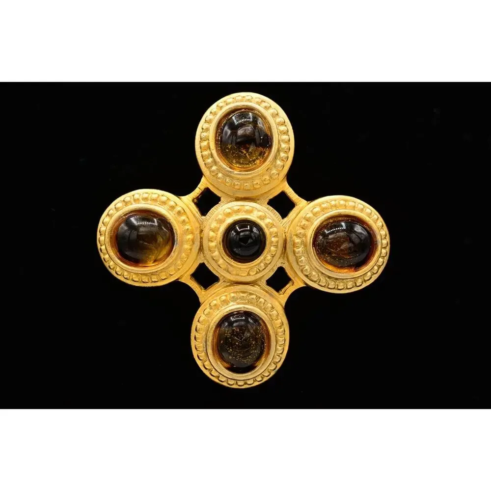 Danecraft Vintage Maltese Cross Brooch Multicolor Cabochon Brushed Gold Signed